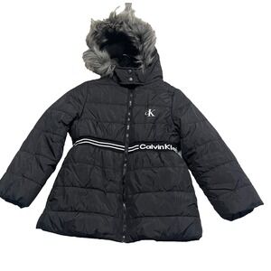 Calvin Klein Jeans Girls Hooded Puffer Jacket Size M (8/10) Black Faux Fur Trim
